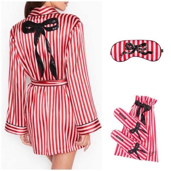 Victoria Secret Satin Sleep Set Sequin Bow Red Stripe Medium - Picture 1 of 16